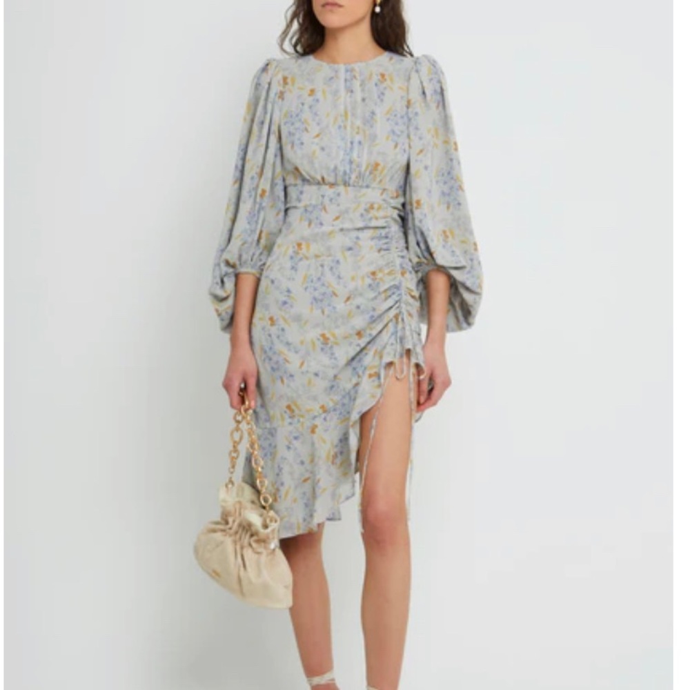 Floral Ruched Asymmetric Mini Dress - Blue